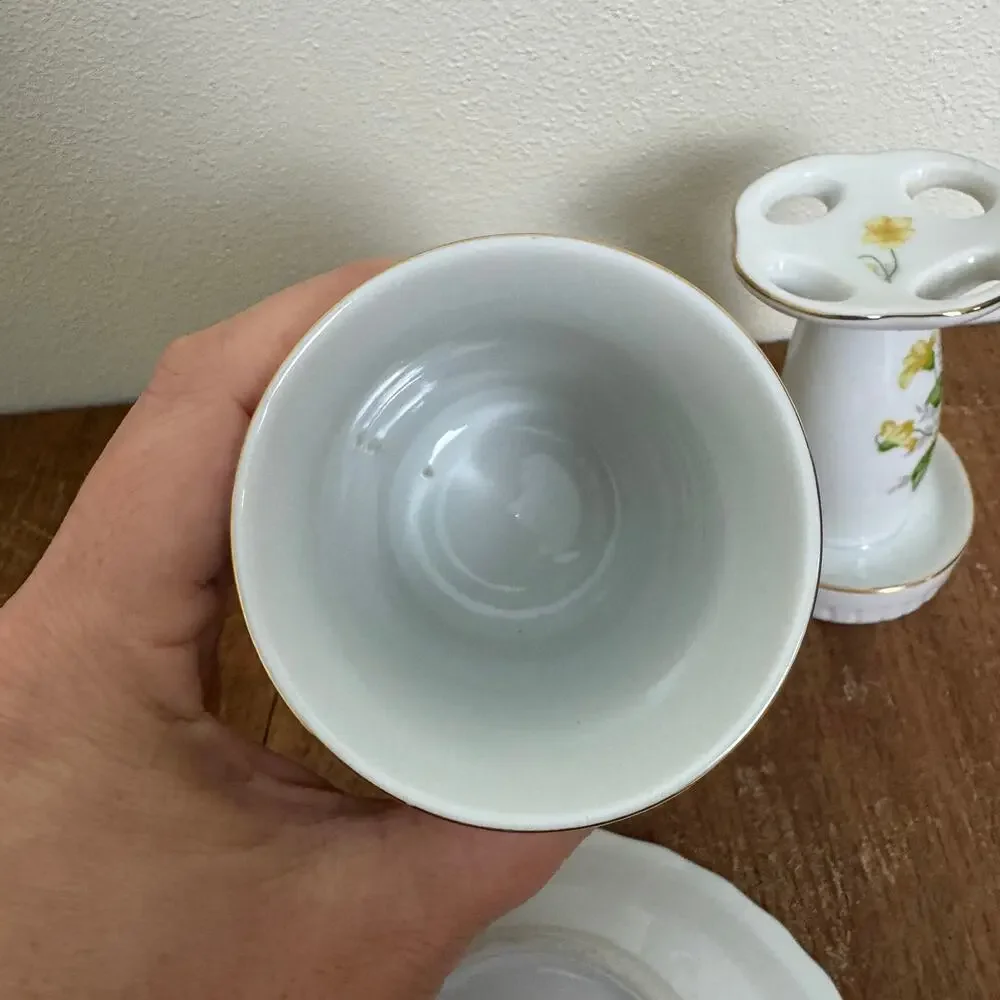 Vintage‎ Japan Porcelain 3pc Bathroom Set Yellow Floral Gold Trim Shell Dish Cup
